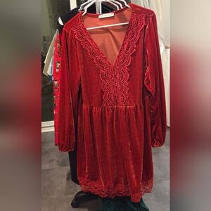 Rust Red Velvet Dress with Lace Trim